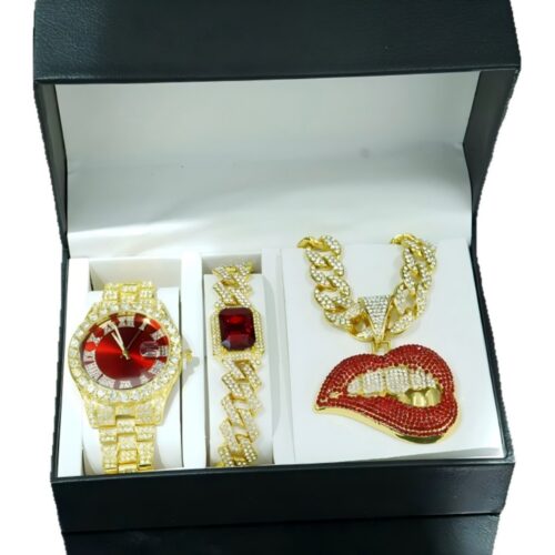 Men's Hip - hop Jewelry Set: Water Ghost Roman Numeral Diamond Quartz Watch & Sexy Lip Pendant Chain