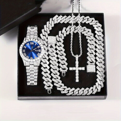 Men's Jewelry Set: Zinc Alloy Watch, Zircon - Embellished Cross Pendant on Cuban Chain (Necklace & Bracelet)