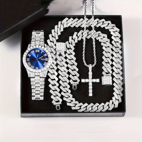 Men's Jewelry Set: Zinc Alloy Watch, Zircon - Embellished Cross Pendant on Cuban Chain (Necklace & Bracelet)