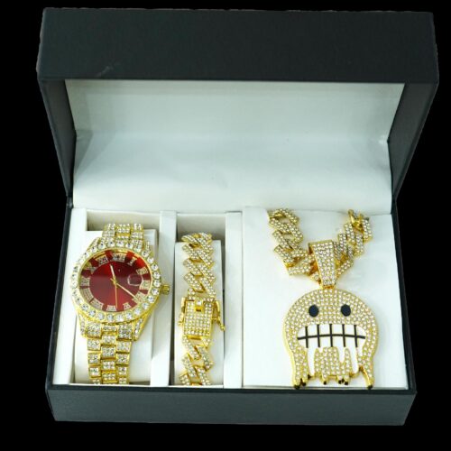 High - quality Fashion Jewelry Set: 15MM Diamond - set Rhombus Cuban Chain, Pendant & Colorful Watch