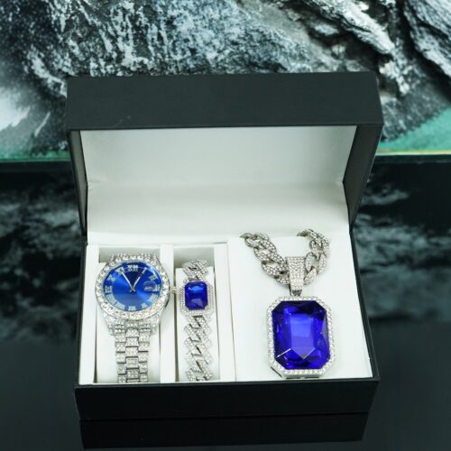 Best - selling Men's Jewelry Set: Red Gem Alloy Pendant, Bracelet, Necklace & Watch in Luxury Gift Box