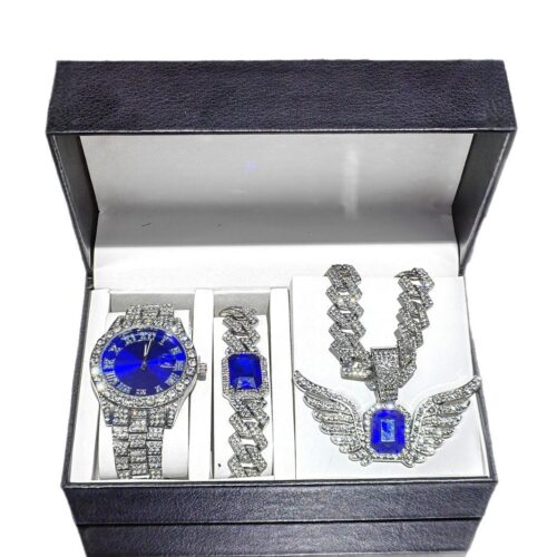 01 New Alloy Men's Hip-hop Set: Water Ghost Watch, 15mm Chain & Angel Wing Pendant Jewelry