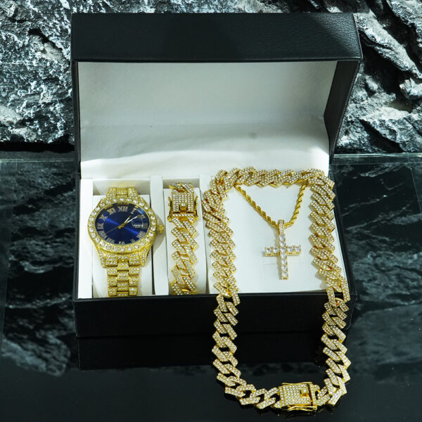 Hot - selling Men's Set: Quartz Watch, Diamond - shaped Cuban Bracelet & Cross Necklace