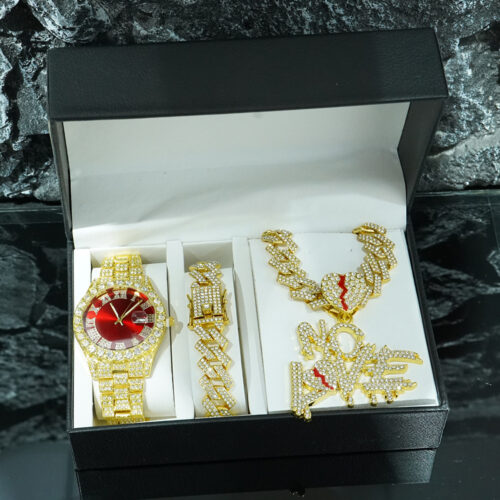 Hip - hop Men's Set: Roman Numeral Diamond Watch, 'NO LOVE' Broken Heart Pendant Necklace & Bracelet