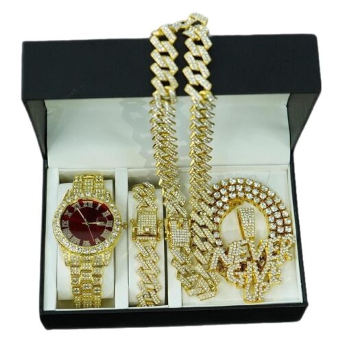 1 Luxury Men's Hip - hop Set: Full - diamond Letter Pendant Necklace, Cuban Chain & Tennis Watch