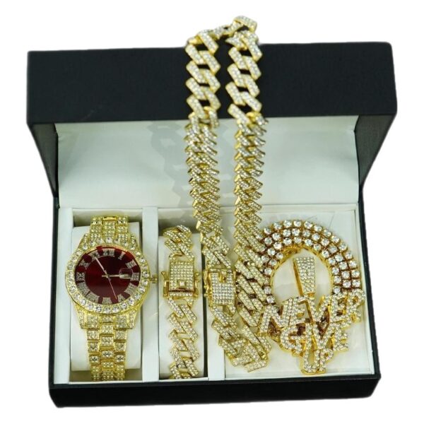 Luxury Men's Hip - hop Set: Full - diamond Letter Pendant Necklace, Cuban Chain & Tennis Watch